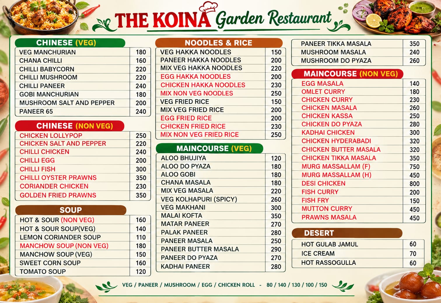 Menu card page 1: drinks, pakode, tandoor, breads, rice and dal