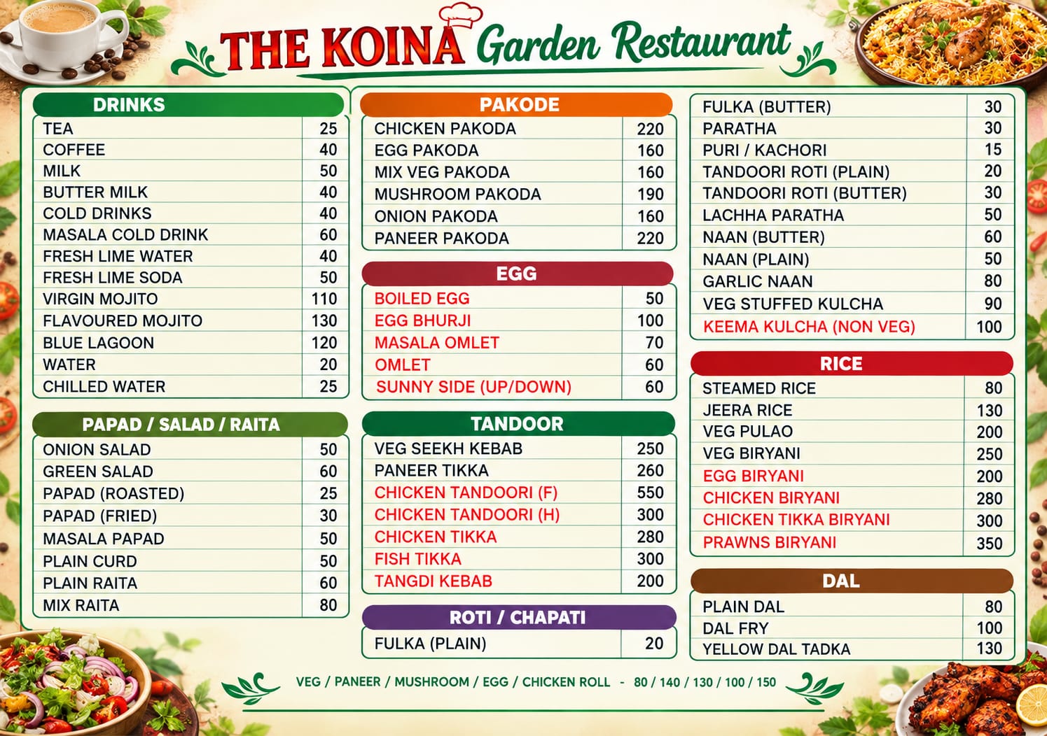 Menu card page 2: Chinese, soups, noodles and main course